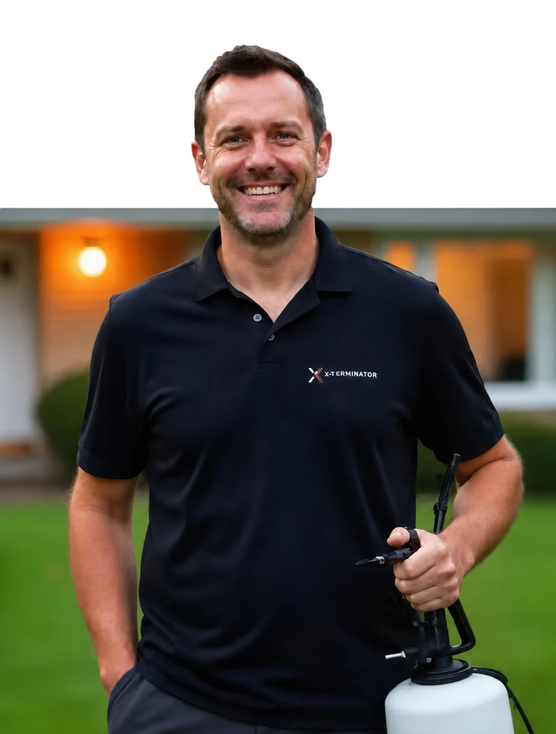 Technicien Exterminatek souriant devant une maison